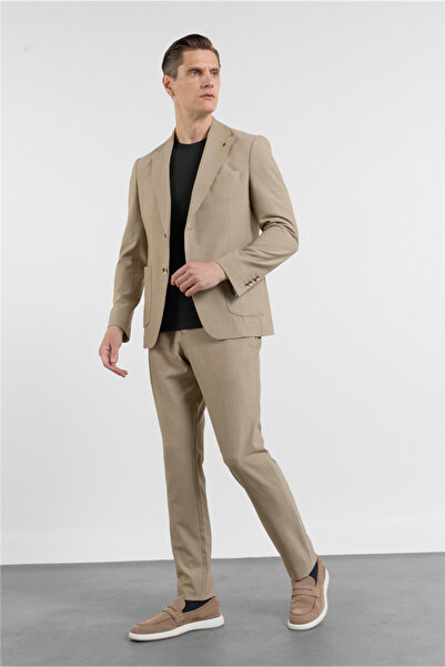 İmza Dark Beige Mono Collar Plain Pattern 6 Drop Slim Fit Stretchy Suit 10012...