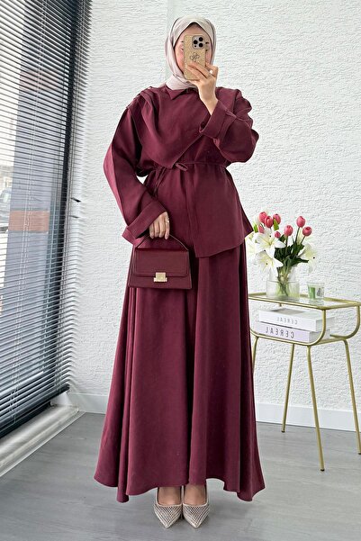 MELEK ARAZ Premium Shoulder Gold Buttoned Skirt Suit - Burgundy