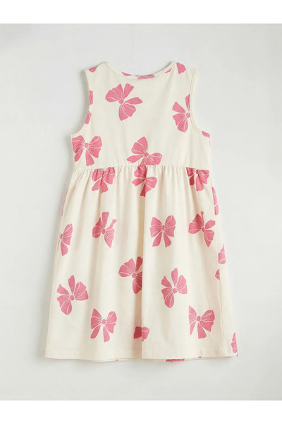 LC Waikiki Rochie Ecru guler rotund cu fundă cu imprimeu pentru fete