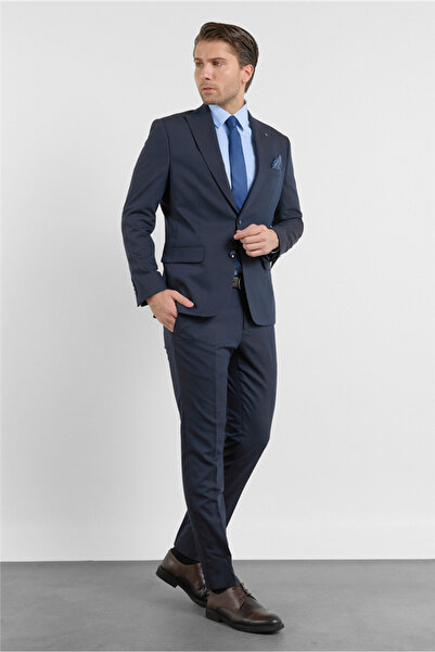 İmza Navy Blue Sword Collar Self Patterned 6 Drop Slim Fit Stretchy Suit 1001...