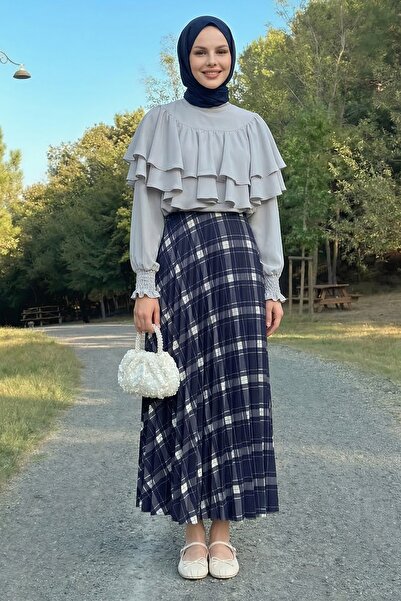 InStyle Piliseli Plaid Navy Blue Skirt
