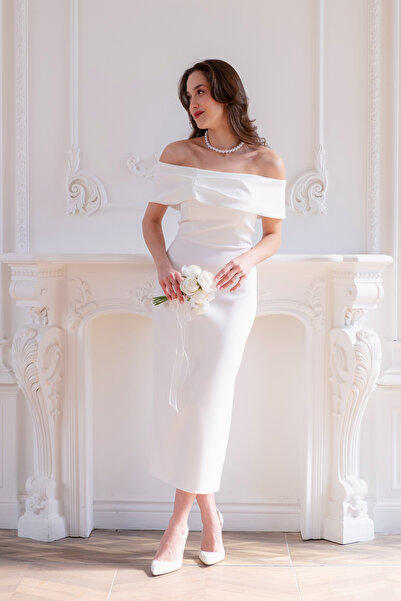 Lafaba Women's White Boat Neck Slit Promise Engagement Wedding Evening Dress