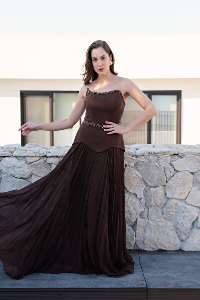 Lafaba Women's Brown Strapless Collar Stone Pleated Long Evening Dress