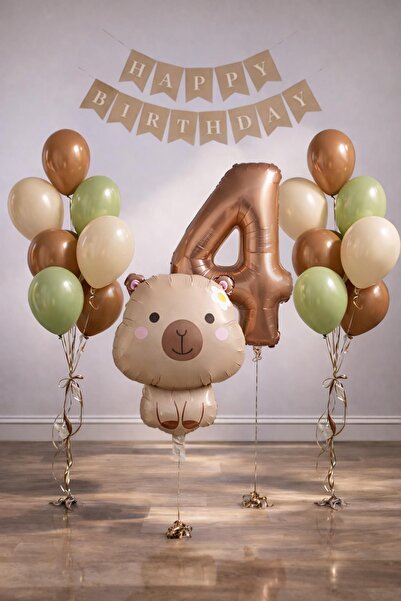 Patladı Gitti Capybara Themed 4Th Birthday Balloon Decoration Set – Caramel N...