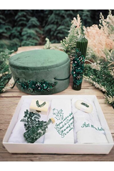 Inovius Baptism and Candle Set, 9 Pieces, with Flowers, Green, Velvet - TB287