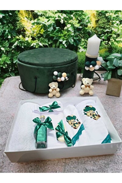 Inovius Baptism and Candle Set, 9 Pieces, with Teddy Bear, Royal Green, Velve...