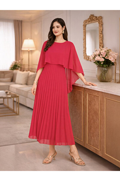 HOUSE OF RAELI By Styli Dark Pink Cape Sleeve Pleated Maxi Dress