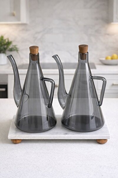 Qerhome Glazzy Flat Design Oil Pot with Marble Stand 750 ml +750 ml Smoked