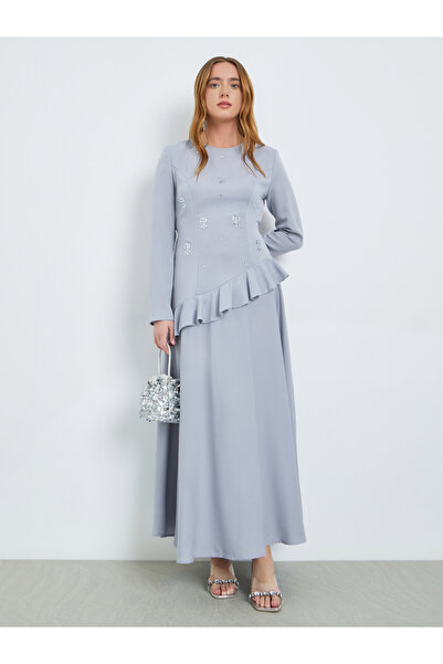 Take Two By Styli Blue Embellished Ruffle Maxi Dress