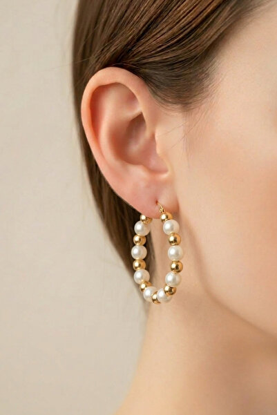 PETEK AKSESUAR Pearl Metallized Hoop Earrings 5 Cm.