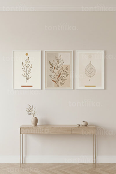Tontilika Minimalist Botanik Yaprak Desenli 3’lü Ahşap Çerçeveli Tablo Seti