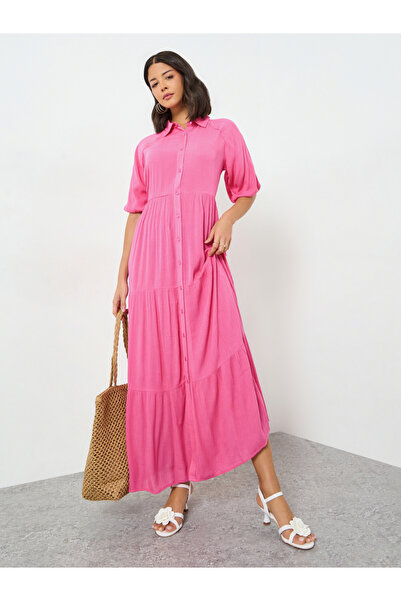 Styli Pink Rayon Crepe Shirt Maxi Dress