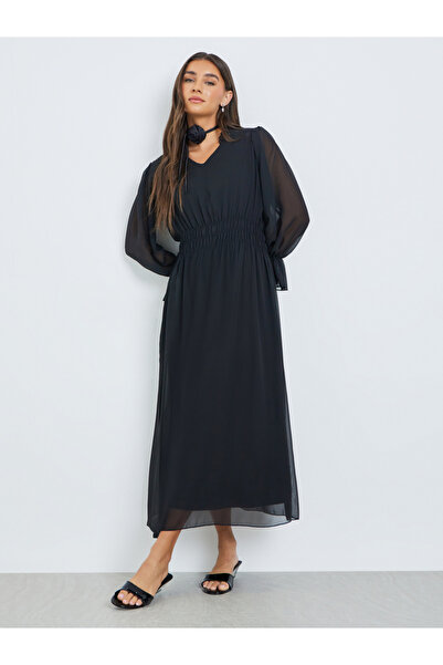 Styli Black Chiffon Floral Neck Tie Maxi Dress