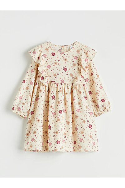 LC Waikiki Εκρού Με φλοράλ μοτίβο Φόρεμα με βολάν για κορίτσια, σετ Βαμβάκι τ...