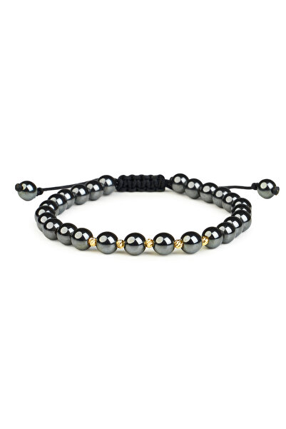 One Gold Bracelet with 5 beads 14K Gold "585" and Hematite, adjustable