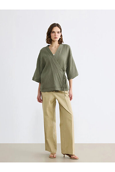 LC Waikiki Khaki Double Breasted Collar Textured Women's Kimono