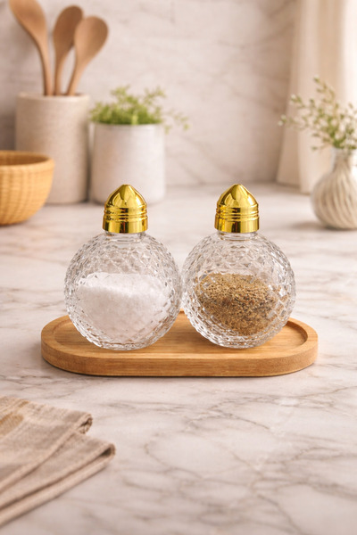DİVAYS طقم وعاء ملح وفلفل من الزجاج الكريستالي مع غطاء ذهبي، إكسسوار أنيق للط...