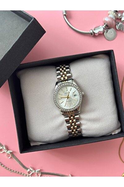 zerapex Elegant Women's Steel Watch with Stones, Two-Tone Color