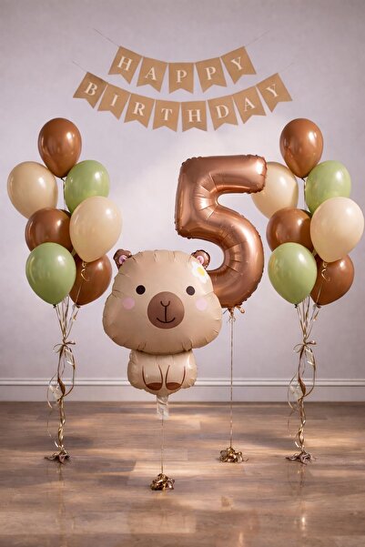 Patladı Gitti Capybara Themed 5Th Birthday Balloon Decoration Set – Caramel N...