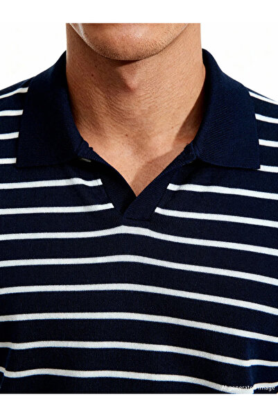 LC Waikiki Navy Blue Polo Neck Striped Men's Knitwear Sweater