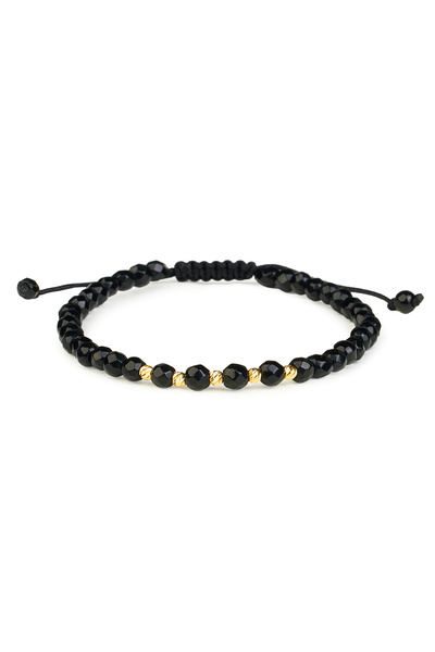 One Gold Bracelet with 5 beads 14K Gold "585" and Black Faceted Onyx, adjustable