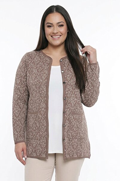 By Saygı Women's Button Front Double Pocketed Diamond Patterned Plus Size Kni...