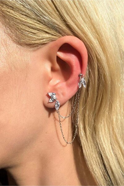 Spossy Silver Jewelry 925 Ayar Gümüş, Silver, 2li, Sallantılı Taşlı Zincir Küpe