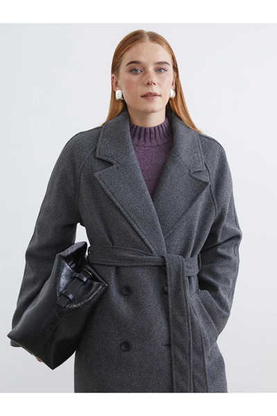 LC Waikiki Anthracite Double-Breasted Collar Women's Cashmere Coat