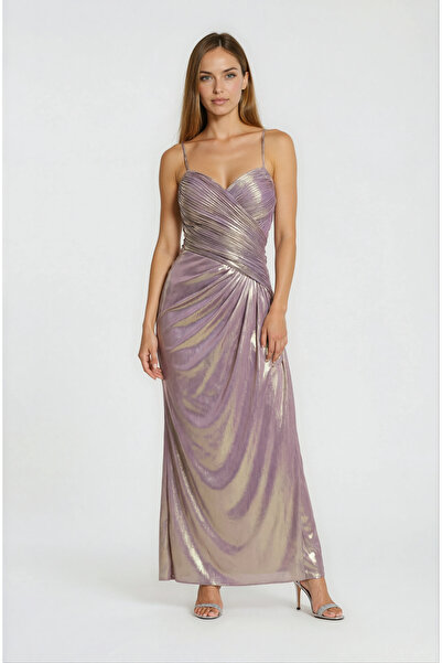 Spazio Sırt Çarpraz Bağlamalı Straplez Drapeli Metalik Abiye Elbise LİLA