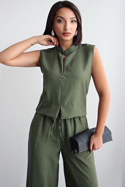 Ded COLLECTION Γυναικείο αμάνικο τοπ με γιακά και καρφίτσα, φαρδιά μπατζάκια,...