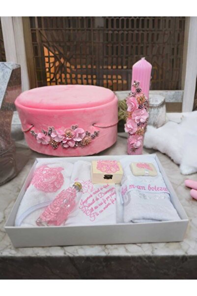 Inovius Baptism and Candle Set, 9 Pieces, with Flowers, Pink, Velvet - TB288