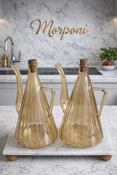 morponi Glazzy Striped Design Oil Pot with Marble Stand 750 ml +750 ml Amber