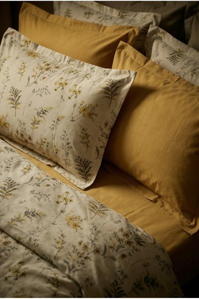 NESCO Sarı Çiçek Hardal Pamuk King Size 220x240 Nevresim Takımı | 180x200x30 Lastikli Çarşaf + 4 Yastık