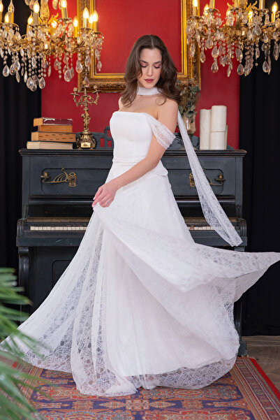 Lafaba Women's White Boat Neck Shawl Collar Lace Detail Long Evening Dress