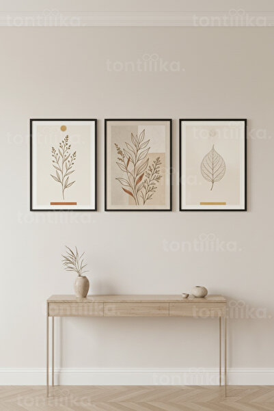 Tontilika Minimalist Botanik Yaprak Desenli 3’lü Ahşap Çerçeveli Tablo Seti
