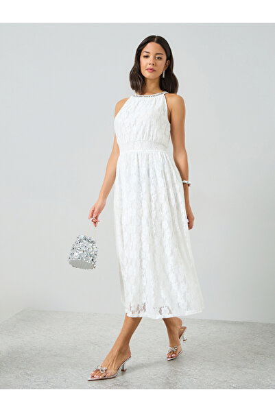 Styli White Lace Midi Dress with Embellishement