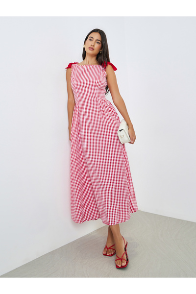 Styli Red Gingham Midi Dress with Bow Detail