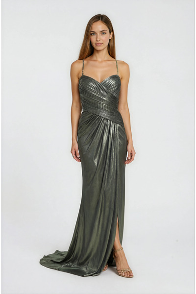 Spazio Sırt Çarpraz Bağlamalı Straplez Drapeli Metalik Abiye Elbise HAKİ