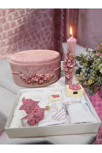 Inovius Baptism and Candle Set, 9 Pieces, with Flowers, Nude Pink, Velvet - T...