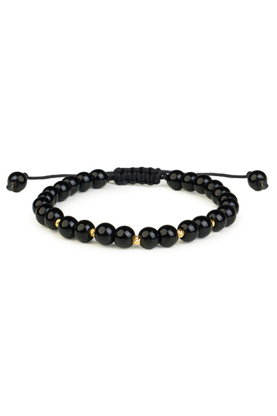 One Gold Bracelet with 5 beads 14K Gold "585" and Black Onyx, adjustable