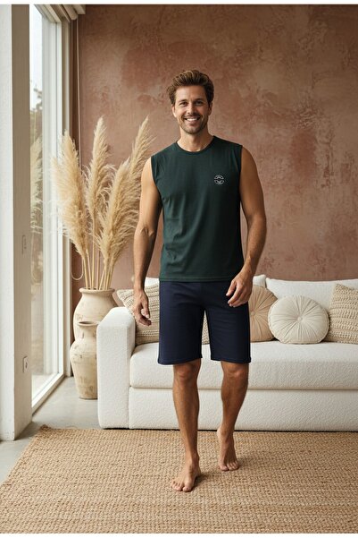 LİLA İÇ GİYİM Embroidered Zero Sleeve Shorts Men's Pajama Set