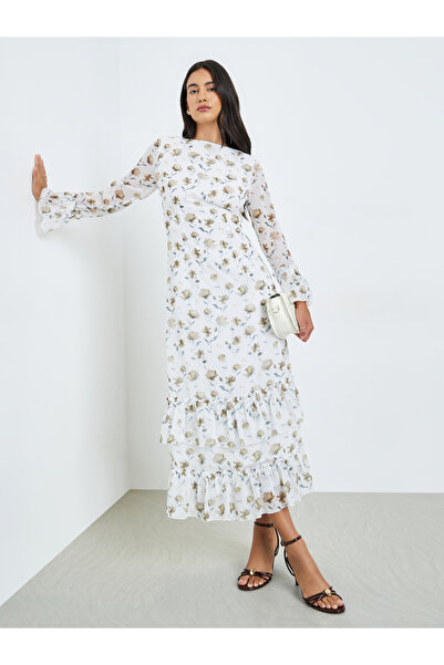 Styli White Floral Print Ruffled Maxi Dress