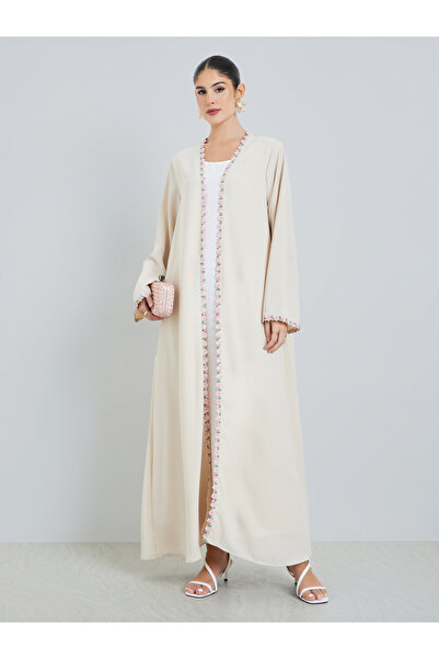 Amirah By Styli Cream Front Open Abaya with Floral Trim