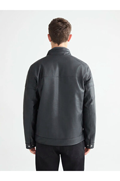 LC Waikiki Black Standard Mold Stand Collar Men's Leather Look Coat