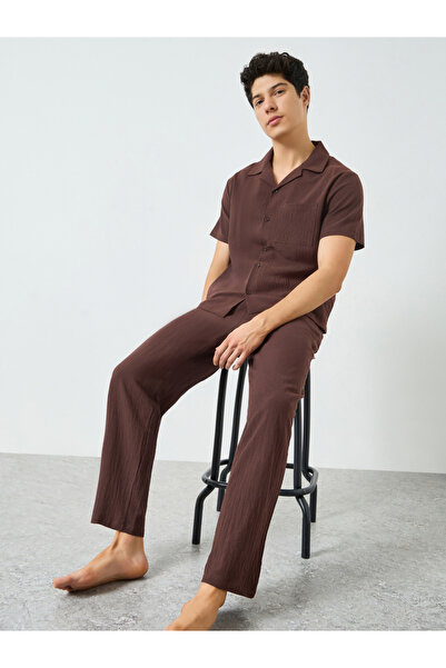 Take Two By Styli Men Coffee Brown Textured Shirt and Pyjama Set