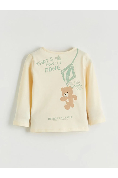 LC Waikiki Tricou cu mânecă lungă pentru fete Beige Teddy Bear cu imprimeu