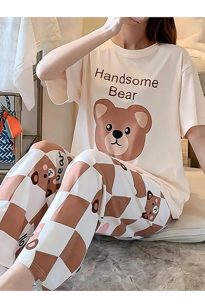 Take Two By Styli Beige Bear Print T-Shirt and Pyjama Set