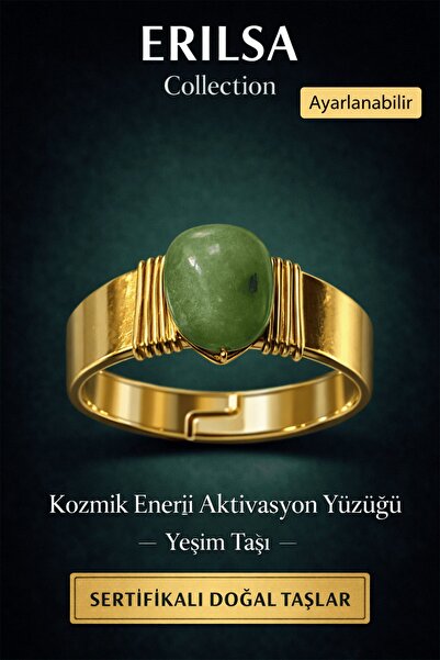 Erilsa Sertifikalı Yeşim Taşı Doğal Taş Yüzük Ayarlanabilir - Bakır Üzeri Alt...