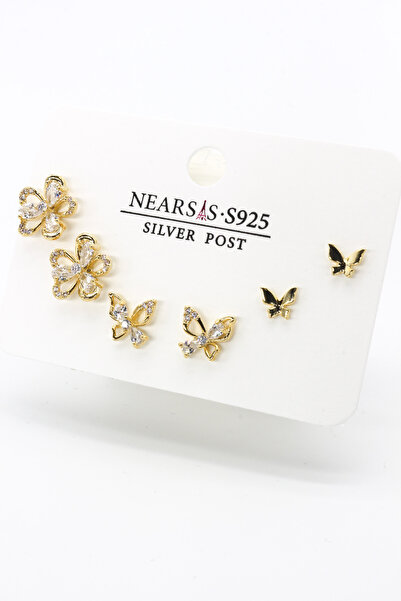 Nearsis Set of Six Flower Butterfly Earrings with Zircon Stones