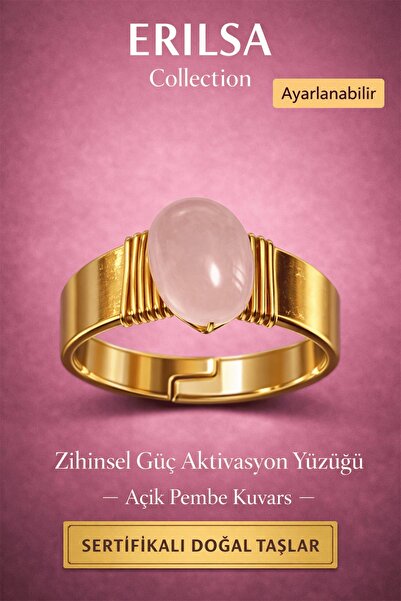 Erilsa Sertifikalı Açık Pembe Kuvars Doğal Taş Yüzük Ayarlanabilir - Bakır Üz...